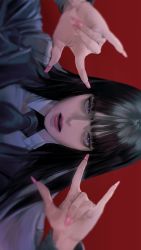 Rule 34 | 1girl, \m/, black hair, black necktie, blunt bangs, character request, fingernails, green u u, grey eyes, hands up, highres, long fingernails, long hair, long sleeves, looking at viewer, nail polish, necktie, open mouth, pink lips, pink nails, real life, red background, sideways, solo, straight hair, very long fingernails, wing collar