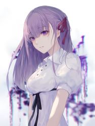Rule 34 | 1girl, blurry, blurry background, breasts, closed mouth, dress, empty eyes, fate/stay night, fate (series), hair ribbon, highres, jname, long hair, looking at viewer, matou sakura, medium breasts, official alternate costume, purple eyes, purple hair, red ribbon, ribbon, short sleeves, solo, white dress