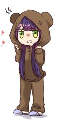 Rule 34 | 1girl, anger vein, animal hood, annoyed, assault lily, bear hood, blush, brown hoodie, brown pants, chibi, clenched teeth, commentary, full body, funada kiito, grey footwear, hands up, heart, hood, hood up, hoodie, lightning bolt symbol, long hair, long sleeves, looking at viewer, mole, mole under eye, nigari (ngari 0115), nose blush, pants, parted lips, purple hair, simple background, sleeves past wrists, slippers, solo, standing, symbol-only commentary, teeth, v-shaped eyebrows, white background, zipper pull tab