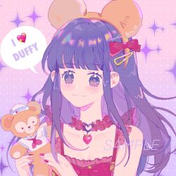 Rule 34 | 1girl, :3, animal ear hairband, animal ears, bare arms, bear ears, blunt bangs, blush stickers, bow, bowtie, breasts, brown hairband, buckle, chinese commentary, choker, cleavage, closed mouth, collarbone, collared shirt, colored eyelashes, commentary request, dress, english text, fake animal ears, food, frilled choker, frilled dress, frills, fruit, gradient background, hair bow, hair ornament, hairband, hairclip, heart, heart-shaped buckle, highres, holding, holding stuffed toy, long hair, multicolored nails, nail polish, neckerchief, original, pink background, pink nails, polka dot, polka dot background, purple background, purple eyes, purple hair, red bow, red bowtie, red choker, red dress, red nails, red neckerchief, sailor collar, sailor shirt, sample watermark, shirt, short sleeves, sidelocks, sleeveless, sleeveless dress, small breasts, smile, solo, spaghetti strap, sparkle, sparkling eyes, speech bubble, strawberry, stuffed animal, stuffed toy, teddy bear, two-tone background, upper body, watermark, white headwear, white sailor collar, white shirt, yeshisi