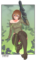 Rule 34 | 1girl, 2020, absurdres, artist name, assault rifle, black shorts, black thighhighs, blue eyes, border, borrowed character, breasts, brooke (mleth), brown hair, commentary, dated, english commentary, freckles, full body, gloves, green gloves, gun, hair between eyes, highres, holding, holding gun, holding weapon, laser, laser pointer projection, laser sight, lips, magazine (weapon), medium hair, midriff, no shoes, norasuko, nose, off-shoulder sweater, off shoulder, original, outside border, rifle, short shorts, shorts, signature, small breasts, solo, sweater, thighhighs, toe scrunch, trigger discipline, weapon, white border