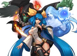 Rule 34 | 1girl, arc system works, bare shoulders, blue hair, breasts, casting spell, cleavage, clothing cutout, dizzy (guilty gear), fire, guilty gear, guilty gear xrd, hair ribbon, highres, ice, long hair, looking at viewer, mature female, medium breasts, midriff, navel, necro (guilty gear), official art, red eyes, ribbon, short shorts, shorts, skin tight, snk, tail, the king of fighters, the king of fighters &#039;98 um ol, thigh gap, thigh strap, twintails, undine (guilty gear), yellow ribbon