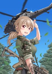 Rule 34 | 1girl, aircraft, breasts, camouflage, falling leaves, gun, helicopter, highres, kzm (sub-moa works), large breasts, leaf, looking at viewer, military, military uniform, military vehicle, original, rifle, tattoo, tree, uh-60 blackhawk, uniform, weapon