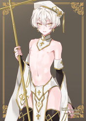 Rule 34 | 1boy, blonde hair, bridal gauntlets, commentary request, commission, cross, cross earrings, cross print, dated, earrings, elbow gloves, english text, gloves, gold trim, hat, highres, holding, holding cross, jewelry, looking at viewer, navel, original, pelvic curtain, potti-p, priest, revealing clothes, signature, skeb commission, solo, thighhighs, trap, yellow eyes
