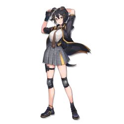 Rule 34 | 1girl, animal ears, arknights, arms up, black footwear, black gloves, black hair, black jacket, blouse, brown eyes, brown necktie, collared shirt, dog ears, full body, gloves, grey skirt, hair between eyes, jacket, jackie (arknights), knee pads, looking at viewer, miniskirt, nagu, necktie, official art, open clothes, open jacket, pleated skirt, shirt, shoes, short hair, short sleeves, skirt, smile, solo, standing, thigh strap, thighs, transparent background, white shirt