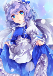 Rule 34 | 1girl, apron, blue eyes, clothes lift, curtsey, hat, highres, juliet sleeves, letty whiterock, long sleeves, looking at viewer, open mouth, puffy sleeves, purple hair, sakura ran, shawl, shirt, skirt, skirt lift, solo, touhou, waist apron