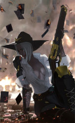 Rule 34 | 1girl, armor, ashe (overwatch), black nails, blizzard (company), breasts, burning, card, casino, casino card table, cleavage, cowboy hat, cowboy western, fingerless gloves, fingernails, fire, gloves, grin, gun, hat, holding, holding gun, holding weapon, large breasts, leaning, nail polish, overwatch, overwatch 1, partially unbuttoned, playing card, poker chip, red eyes, rifle, sadpandaface (artist), shirt, sitting, smile, solo, table, tattoo, weapon, white hair, white shirt