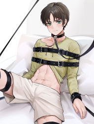 Rule 34 | 1boy, abs, absurdres, bdsm, boxers, brown hair, clothes lift, collar, collarbone, eren yeager, fh moya, green eyes, green shirt, highres, leash, looking at viewer, male focus, male underwear, navel, reclining, restrained, shingeki no kyojin, shirt, shirt lift, short hair, solo, thigh strap, thighs, toned, toned male, underwear, very short hair
