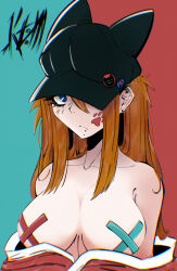 Rule 34 | 1girl, :/, absurdres, animal hat, artist request, breasts, brown hair, evangelion: 3.0 you can (not) redo, expressionless, hat, highres, jacket, large breasts, long hair, naked jacket, neon genesis evangelion, open clothes, open jacket, pasties, rebuild of evangelion, red jacket, shiny clothes, simple background, solo, souryuu asuka langley, tsundere, two-tone background, very long hair