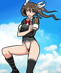Rule 34 | 10s, 1girl, black legwear, bow, brown eyes, brown hair, cloud, crossed arms, day, kantai collection, natumiao, shiny skin, solo, tone (kancolle), tone kai ni (kancolle), twintails