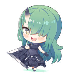 Rule 34 | 1girl, :d, arknights, bare shoulders, black footwear, black gloves, black jumpsuit, blush, brown eyes, chibi, colored shadow, commentary request, full body, gloves, green hair, hair over one eye, horns, hoshiguma (arknights), jumpsuit, looking at viewer, metaru, oni, open mouth, shadow, shoes, single horn, skin-covered horns, smile, solo, white background
