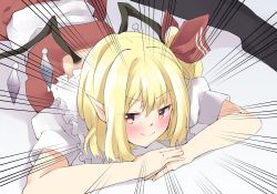 Rule 34 | 1girl, black thighhighs, blonde hair, blush, bow, closed mouth, crystal, emphasis lines, facing viewer, flandre scarlet, frilled shirt collar, frills, hair between eyes, hair bow, hair ornament, hands on ground, highres, jack-o&#039; challenge, multicolored wings, puffy short sleeves, puffy sleeves, red eyes, red ribbon, red skirt, red vest, ribbon, rushigi0, shirt, short sleeves, side ponytail, simple background, skirt, smirk, smug, spread legs, thighhighs, top-down bottom-up, touhou, vampire, vest, white shirt, wings
