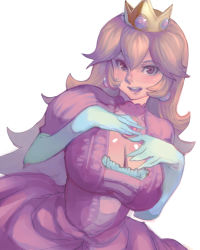 Rule 34 | 1girl, bad id, bad pixiv id, blonde hair, blush, breasts, brooch, brown eyes, cleavage, cleavage cutout, clothing cutout, crown, dress, earrings, elbow gloves, gloves, highres, jewelry, large breasts, long hair, mario (series), metata, nintendo, open mouth, pink dress, pink eyes, princess peach, smile, solo, white background, white gloves