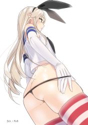 Rule 34 | 10s, 1girl, 2016, ama mitsuki, ass, black eyes, black panties, blonde hair, blush, butt crack, crop top, dated, elbow gloves, expressionless, from below, gloves, hair ribbon, hairband, highleg, highleg panties, kantai collection, long hair, panties, panty pull, perspective, pulled by self, removing panties, ribbon, sailor collar, shimakaze (kancolle), solo, striped clothes, striped thighhighs, thighhighs, thong, underwear, undressing, white gloves