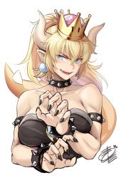 Rule 34 | 1girl, armlet, bare shoulders, black dress, blonde hair, blue eyes, borrowed design, bowsette, bracelet, breasts, collar, crown, dress, earrings, heart, horns, jewelry, large breasts, mario (series), new super mario bros. u deluxe, nintendo, okitakung, pointy ears, ponytail, sharp teeth, signature, simple background, spiked bracelet, spiked collar, spikes, strapless, strapless dress, super crown, teeth, turtle shell, upper body, white background