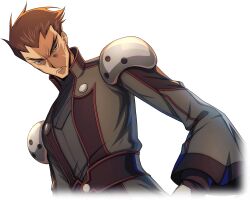 Rule 34 | 1boy, armor, artist request, black coat, brown hair, closed mouth, coat, code geass, code geass: lost stories, dutch angle, forehead, furrowed brow, game cg, grey eyes, long sleeves, looking at viewer, male focus, military uniform, non-web source, official art, serious, short hair, shoulder armor, solo, spiked hair, standing, toudou kyoushirou, uniform, upper body, v-shaped eyebrows, wide sleeves