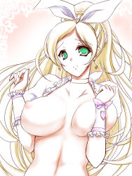 Rule 34 | 10s, 1girl, blonde hair, bow, breast press, breasts, choker, cure rhythm, earrings, green eyes, hair bow, highres, jewelry, large breasts, long hair, magical girl, minamino kanade, negamaro, nipples, precure, solo, suite precure, white choker, wrist cuffs
