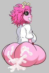 Rule 34 | 1girl, absurdres, aftersex, ashido mina, ass, back, boku no hero academia, breasts, clothed sex, clothes, colored skin, cum, cum on ass, doeswhatever, female focus, grey background, highres, huge ass, large breasts, looking back, partially undressed, pink hair, pink skin, school uniform, short hair, simple background, sitting, smile, solo