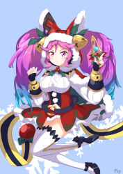 Rule 34 | 1girl, :&lt;, basukechi, belt, blue hair, capelet, cleo (dragalia lost), dagger, dragalia lost, fur trim, hat, hat bell, highres, holding, holding dagger, holding knife, holding weapon, knife, long hair, long sleeves, looking at viewer, multicolored hair, navel, official alternate costume, pink eyes, pink hair, red hat, santa hat, skirt, snowflakes, solo, thighhighs, twintails, two-tone hair, weapon, white skirt, white thighhighs