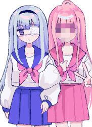 Rule 34 | 2girls, ahoge, arm at side, blue hairband, blue sailor collar, blue skirt, blunt bangs, blush, censored, closed mouth, collarbone, commentary request, eyepatch, frown, grey hair, hairband, head tilt, highres, holding another&#039;s arm, long hair, long sleeves, looking at viewer, medical eyepatch, mosaic censoring, multiple girls, neckerchief, no nose, one eye covered, original, pink hair, pink neckerchief, pink sailor collar, pink skirt, pixel art, pleated skirt, puffy long sleeves, puffy sleeves, purple eyes, sailor collar, shirt, shizumu (shi zumu), sidelocks, simple background, skirt, smile, standing, straight-on, v, white background, white shirt
