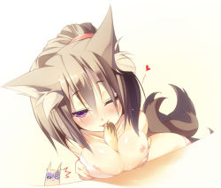 Rule 34 | 1girl, ^^^, animal ears, breasts squeezed together, breasts, fox ears, fox tail, grey hair, heart, multiple tails, nekomu, nipples, one eye closed, original, purple eyes, sexually suggestive, solo focus, tail, wink