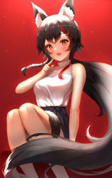 Rule 34 | 1girl, absurdres, animal ear fluff, animal ears, bare arms, bare legs, bare shoulders, black hair, black skirt, braid, breasts, eyeshadow, fang, hair ornament, highres, hololive, ijac ray, long hair, looking at viewer, low ponytail, makeup, medium breasts, miniskirt, multicolored hair, ookami mio, ookami mio (street), open mouth, orange eyes, red background, shirt, shirt tucked in, simple background, skirt, sleeveless, sleeveless shirt, smile, solo, streaked hair, tail, very long hair, virtual youtuber, white shirt, wolf ears, wolf girl, wolf tail, x hair ornament