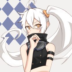 Rule 34 | ahoge, arm strap, bare shoulders, black dress, caraku, covered mouth, crossed arms, dress, ello, eyewear around neck, girls&#039; frontline, goggles, goggles around neck, hair ornament, hair scrunchie, long hair, orange scrunchie, pkp (girls&#039; frontline), scrunchie, side ponytail, turtleneck, very long hair, white hair, yellow eyes