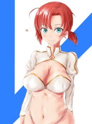 Rule 34 | 1girl, absurdres, bad id, bad pixiv id, blue eyes, blush, boudica (fate), breasts, cleavage, fate/grand order, fate (series), green eyes, hentai eikoku shinshi, highres, large breasts, long sleeves, looking at viewer, navel, ponytail, puffy sleeves, red hair, short hair, smile, solo