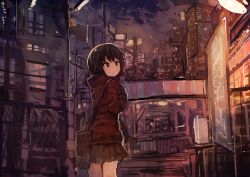 Rule 34 | 1girl, :&lt;, absurdres, black hair, character request, city, cityscape, cold, female focus, highres, hood, jacket, kaamin (mariarose753), night, outdoors, skirt, snow, solo, twitter username, winter clothes