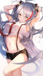 Rule 34 | 1girl, ahoge, arms behind head, azur lane, black ribbon, black shorts, breasts, collared shirt, commentary request, crop top, hair between eyes, hair ribbon, highres, holding, holding own hair, leaning back, leg up, long hair, looking at viewer, medium breasts, multicolored hair, navel, necktie, prinz eugen (azur lane), red hair, red necktie, ribbon, shirt, short shorts, short sleeves, shorts, silver hair, solo, standing, standing on one leg, stomach, streaked hair, suspender shorts, suspenders, swept bangs, two side up, very long hair, white background, white shirt, yellow eyes, yk (pixiv43531291)