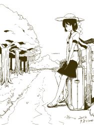 Rule 34 | 1girl, hat, kawashina (momen silicon), looking at viewer, monochrome, outdoors, pointy ears, sandals, shameimaru aya, short hair, sitting, skirt, smile, solo, straw hat, sun hat, tokin hat, touhou, wings