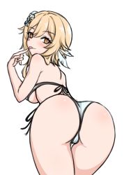 Rule 34 | 1girl, ass, bare shoulders, bikini, blonde hair, blush, breasts, cameltoe, come hither, feather hair ornament, flower, from behind, genshin impact, hair flower, hair ornament, highres, hr.r, huge ass, leaning, leaning forward, looking at viewer, looking back, lumine (genshin impact), naughty face, orange eyes, shiny skin, short hair with long locks, sideboob, smile, solo, swimsuit, tongue, tongue out