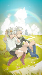 Rule 34 | 2boys, absurdres, aged down, blue eyes, blue sky, blush, brothers, child, cloud, cloudy sky, cumcmn, dante (devil may cry), day, devil may cry (series), family, field, flower, flower wreath, grass, hair between eyes, hair flower, hair ornament, hair slicked back, head wreath, highres, male focus, multiple boys, nature, open mouth, outdoors, rainbow, rainbow gradient, shirt, short shorts, shorts, siblings, sky, smile, sunflower, twins, vergil (devil may cry), white hair, white shirt, wreath