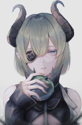 1girl absurdres apple black_shirt blue_eyes breasts brown_horns closed_mouth commentary curled_horns demon_girl expressionless eyepatch food fruit green_apple green_hair green_necktie grey_background hair_between_eyes highres holding holding_food holding_fruit horns looking_at_viewer medium_breasts nanashi_inc. necktie nemuneeeeeeeemu pointy_ears sekishiro_mico shirt short_hair simple_background sleeveless sleeveless_shirt solo symbol-only_commentary underboob upper_body virtual_youtuber