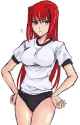 Rule 34 | 00s, 1girl, aozaki aoko, breasts, green eyes, gym uniform, hair intakes, hands on own hips, long hair, melty blood, red hair, solo, tsukihime, type-moon