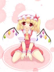 Rule 34 | 1girl, ascot, blonde hair, blush, bow, crystal, female focus, flandre scarlet, hat, hat bow, kinoeda, puffy sleeves, red eyes, short sleeves, side ponytail, solo, tears, touhou, wings, wrist cuffs