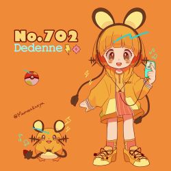 Rule 34 | 1girl, beamed eighth notes, blunt bangs, blush, character name, creatures (company), dedenne, digital media player, earphones, eighth note, facing viewer, full body, game freak, gen 6 pokemon, happy, headphones, highres, holding, holding tail, hood, hoodie, ipod, lightning bolt symbol, listening to music, long sleeves, looking at viewer, moemon, musical note, narumame, nintendo, open mouth, orange background, orange footwear, orange hair, orange hoodie, orange theme, personification, poke ball, poke ball (basic), pokedex number, pokemon, pokemon (creature), red legwear, shoes, simple background, smile, standing, tail, twitter username, whiskers