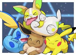 Rule 34 | &gt; &lt;, border, closed mouth, commentary request, creatures (company), eevee, closed eyes, fangs, game freak, gen 1 pokemon, gen 8 pokemon, highres, nintendo, no humans, nullma, open mouth, outside border, pikachu, pokemon, pokemon (creature), smile, sobble, tongue, tongue out, white border, yamper