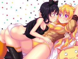 Rule 34 | 2girls, ass, bare shoulders, black hair, blake belladonna, blonde hair, blush, bow, breasts, camisole, cleavage, couple, eye contact, hair bow, highres, long hair, looking at another, multiple girls, navel, nottytiffy, orange eyes, panties, parted lips, purple eyes, rwby, shiny skin, smile, thighhighs, underwear, very long hair, yang xiao long, yuri