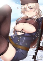 Rule 34 | 1girl, absurdres, anti-materiel rifle, black thighhighs, blonde hair, blush, bolt action, breasts, cleavage, cleavage cutout, clothing cutout, earrings, girls&#039; frontline, gun, hat, hbeats, highres, jewelry, large breasts, long hair, looking at viewer, military, military uniform, mole, mole on breast, mole under eye, open clothes, open mouth, ptrd-41, ptrd (girls&#039; frontline), purple eyes, revealing clothes, rifle, sniper rifle, solo, thighhighs, tight clothes, underboob, underboob cutout, uniform, weapon, winter background
