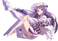 Rule 34 | 1girl, blush, crescent, crescent hat ornament, dress, frilled sleeves, frills, gyouza (mhea5724), hat, hat ornament, highres, kneehighs, long hair, long sleeves, looking at viewer, mob cap, open mouth, patchouli knowledge, purple dress, purple eyes, purple hair, purple hat, purple socks, simple background, single kneehigh, single sock, socks, solo, striped clothes, striped dress, touhou, vertical-striped clothes, vertical-striped dress, white background, wide sleeves