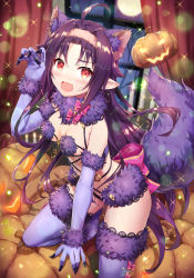 Rule 34 | 1girl, ahoge, animal ears, black nails, blush, breasts, commentary request, cosplay, elbow gloves, fingernails, fur trim, gabiran, gloves, hairband, halloween costume, jack-o&#039;-lantern, kneeling, long hair, looking at viewer, mash kyrielight, mash kyrielight (dangerous beast), mash kyrielight (dangerous beast) (cosplay), medium breasts, nail polish, navel, official alternate costume, open mouth, pointy ears, purple gloves, purple hair, purple legwear, red eyes, revealing clothes, sharp fingernails, smile, solo, sword art online, tail, wolf ears, wolf tail, yuuki (sao)