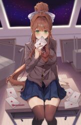 Rule 34 | 1girl, absurdres, black socks, black thighhighs, blazer, blue skirt, blush, bow, breasts, brown hair, desk, doki doki literature club, dot nose, feet out of frame, from above, green eyes, hair bow, highres, holding, holding letter, holding paper, jacket, large breasts, letter, long hair, looking at viewer, monika (doki doki literature club), neck ribbon, on desk, onyang, paper, pen, pleated skirt, ponytail, ribbon, school desk, school uniform, shirt, sitting, on desk, skirt, socks, solo, space, thighhighs, tile floor, tiles, white bow, white ribbon, white shirt