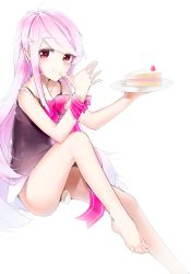 Rule 34 | 1girl, barefoot, cake, cake slice, camisole, convenient censoring, copyright request, egg, food, food on face, greek toe, holding, icing, long hair, looking at viewer, pink hair, plate, red eyes, ribbon, sitting, solo, toes, yuran