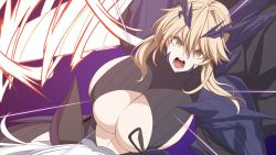 Rule 34 | 1girl, armor, artoria pendragon (fate), artoria pendragon (lancer alter) (fate), black armor, black bodysuit, black cape, blonde hair, bodysuit, braid, breasts, cape, center opening, cleavage, dark rhongomyniad, fate/grand order, fate (series), french braid, hair between eyes, horns, horse, horseback riding, huge breasts, kloah, lance, llamrei (fate), long hair, looking at viewer, open mouth, pauldrons, polearm, revealing clothes, ribbed bodysuit, riding, shoulder armor, sideboob, sidelocks, solo, underboob, weapon, yellow eyes