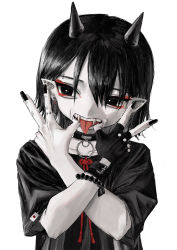 Rule 34 | 1girl, ai sheng fu, bags under eyes, black eyes, black hair, black nails, black shirt, bracelet, choker, collarbone, colored skin, ear piercing, eyebrow piercing, fangs, female focus, fingerless gloves, gloves, highres, horns, jewelry, jirai kei, knuckle piercing, makeup, mouth pull, nail polish, oni, oni horns, open mouth, original, pale skin, piercing, shirt, single glove, solo, teeth, tongue, tongue out, tsurime, white skin