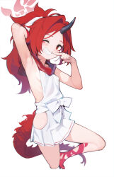 Rule 34 | 1girl, arm up, armpits, ataruman, blue archive, breasts, dragon tail, dress, eyeliner, grin, hair ribbon, halo, highres, horns, long hair, looking at viewer, makeup, one eye closed, parted bangs, pleated skirt, ponytail, red eyes, red hair, red sailor collar, renge (blue archive), ribbon, sailor collar, sideless outfit, single horn, skirt, small breasts, smile, solo, tail, thighs, white dress