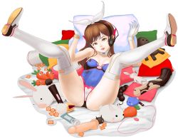 Rule 34 | brown hair, condom, d.va (overwatch), dildo, legs up, leotard, looking at viewer, lube, lying, massager, noobcake, overwatch, overwatch 1, pillow, rabbid, sex toy, simple background, solo, spread legs, thighhighs, vibrator, white background, white thighhighs