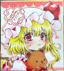 Rule 34 | 1girl, botan (03110709), commentary, crystal, flandre scarlet, hat, hat ribbon, heart, highres, looking at viewer, mob cap, one side up, red eyes, red ribbon, ribbon, solo, stuffed animal, stuffed toy, teddy bear, touhou, traditional media, upper body, white hat, wings