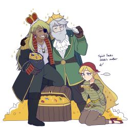 Rule 34 | 1boy, 2girls, aged up, ascot, bandana, beard, blonde hair, cape, coat, crown, epaulettes, eyepatch, facial hair, gold, highres, if they mated, jacket, link, long hair, mims (mimimon), multiple girls, nintendo, pointy ears, rupee (zelda), smile, tetra, the legend of zelda, the legend of zelda: the wind waker, treasure, treasure chest